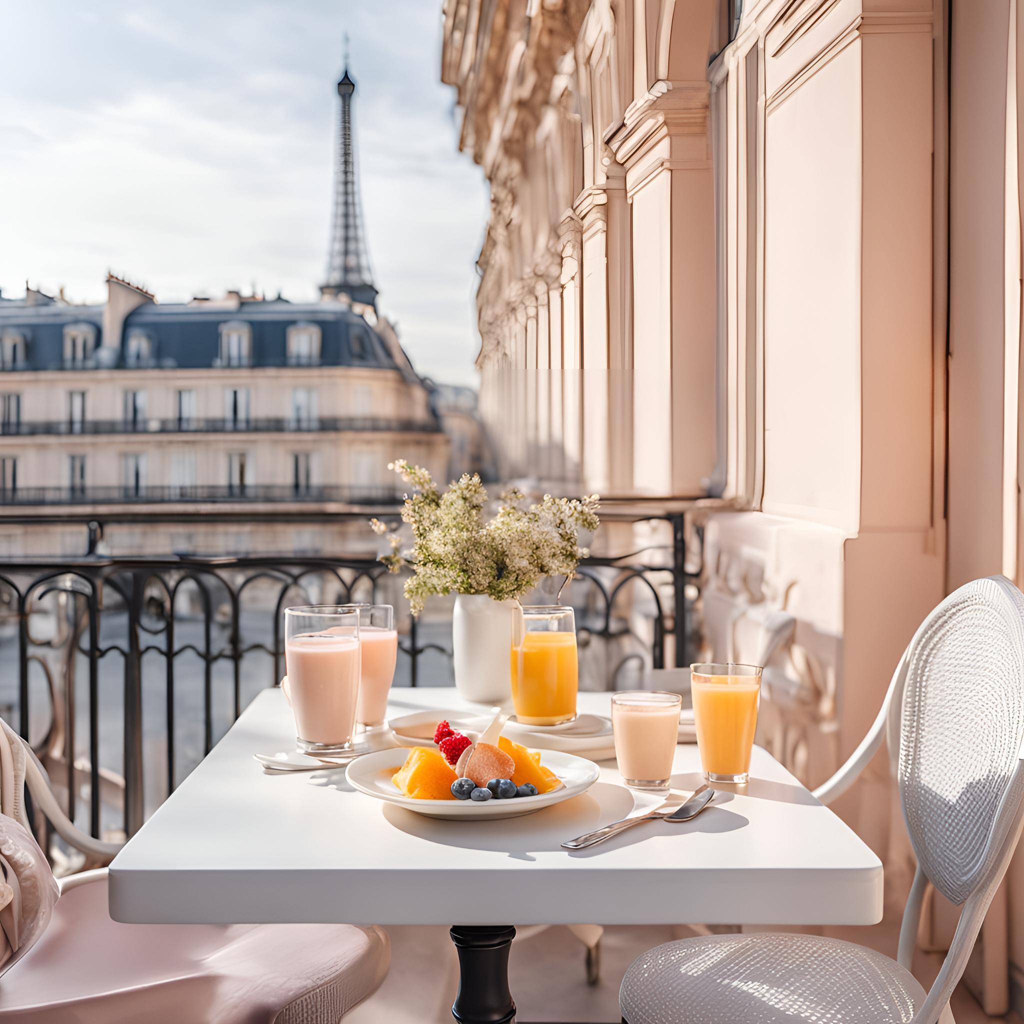 Petit-déjeuner sain sur une terrasse parisienne avec une lumière douce et une architecture élégante.