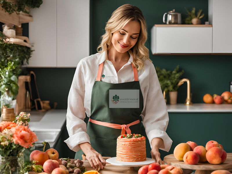 Boulanger français professionnel décorant un gâteau bio aux fruits frais dans une cuisine moderne et chaleureuse, illustrant un mode de vie sain et naturel.