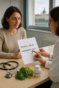 Femme consultant son médecin au CHU Lyon pour une carence en fer sans anémie, avec résultats sanguins montrant une ferritine basse à 28 µg/L. Matériel médical et aliments riches en fer visibles.