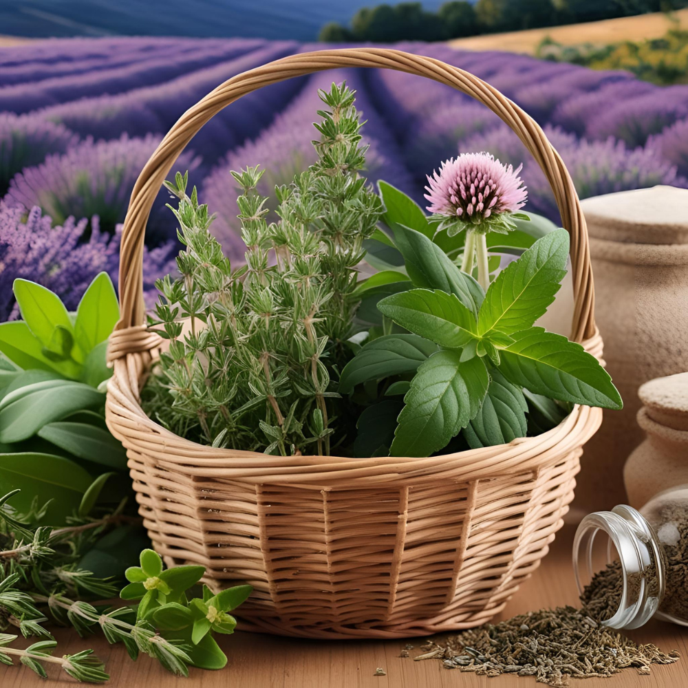 Champ de thym en Provence avec panier de cueillette